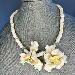 Floral Cream and Yellow Beaded Necklace and Matching Earrings Set